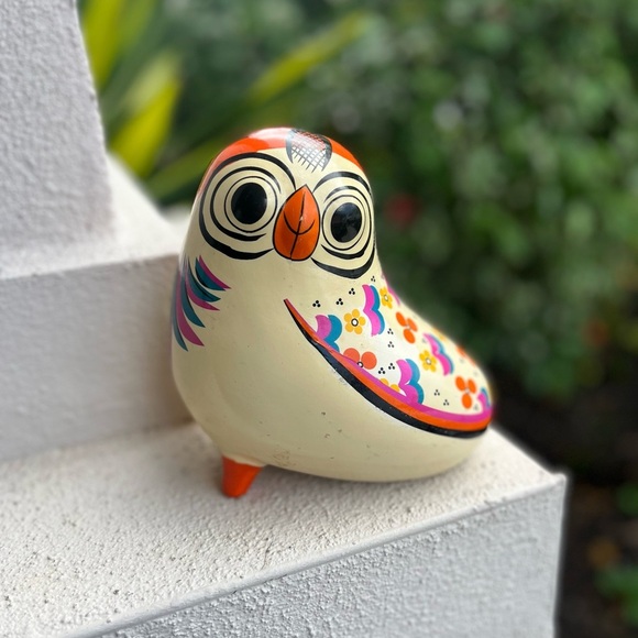 Ceramic Multi Orange Floral 7X7" Owl Bird Figurine Piggy Bank - Picture 1 of 10